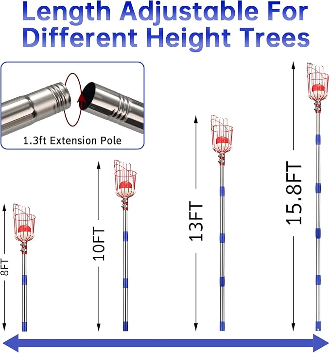 BsBsBest Fruit Picker Pole with Basket - 8 Foot Adjustable Height Fruit Picker Tool with Stainless Steel Fruit Picking Pole for Apple Cherry Berry Fit Orange Blueberry Mango Avocado Lemon Peach
