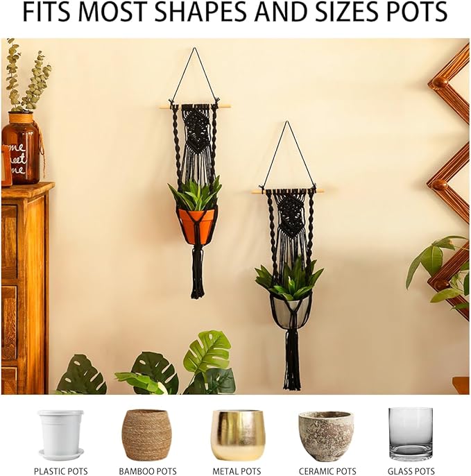 Artilady Black Plant Hanger Macrame Hanging Planter for Indoor Boho Plants Holder with Hooks Hanging Plant Basket Outdoor Window Wall Plants Home Decor (Black Wood Hanger)