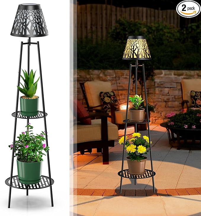 MXwcy 2 Pack Metal Solar Floor Lights Outdoor with Plant Stands, 45.5'' Solar Powered Street Lights, for Garden Yard Pathway Driveway Porch