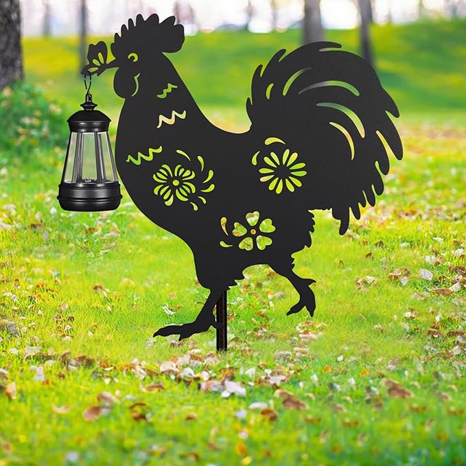 2Pack Solar Outdoor Garden Lights Stakes Solar Metal Flower Rooster Lawn Deco Statue Ideal for Chicken Lovers for Yard Art, Outside, Patio, Outdoor Decor, Garden Decorations, Lawn Ornaments