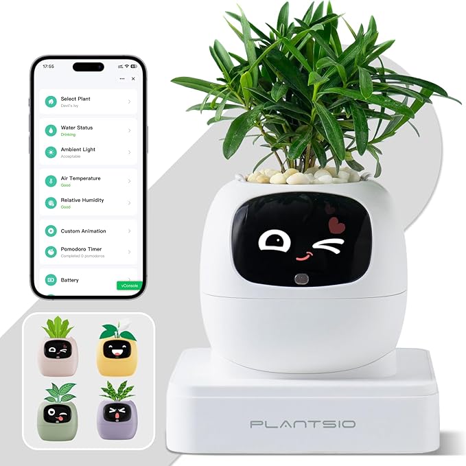 Plantsio AI Smart Pot for Plants with App Control, Self-Watering, Visual Display & 80ml Reservoir, Digital Plant Pot Supports 100+ Plants, Pomodoro Timer, Clock & Calendar,Desk & Office Planter-White