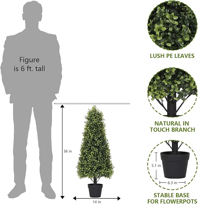 Azoco 3ft Artificial Boxwood Topiary Trees (Set of 2) - UV Resistant Faux Plants Outdoor, Realistic 36in Fake Cone Bushes and Shrubs for Front Porch, Planter, Patio - Low Maintenance & Evergreen