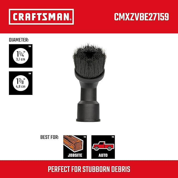 CRAFTSMAN CMXZVBE27159 1-1/4 and 1-7/8 inch DUAL-FIT Dusting Brush Wet Dry Vac Attachment, Industrial-Grade Accessory for Detailed Cleaning, Fits Most 1-1/4 in. and 1-7/8 in. Hose Diameters