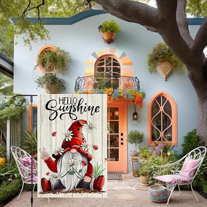 Welcome Sunshine Garden Flag Summer Gnome Garden Flags 12x18 Inch Double Sided Burlap Colorful Floral Small Decor Home Yard Lawn Holiday Outdoor Flags Decorations