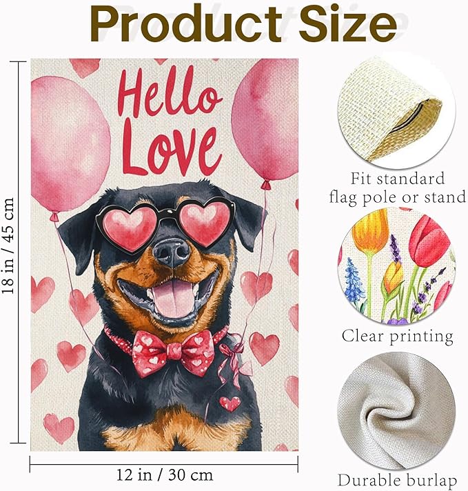 Valentine's Day Rottweiler Hello Love Garden Flag, House Yard Plaid Love Heart Outside Decoration, Spring Holiday Wedding Anniversary Outdoor Small Decor 12x18(12635)