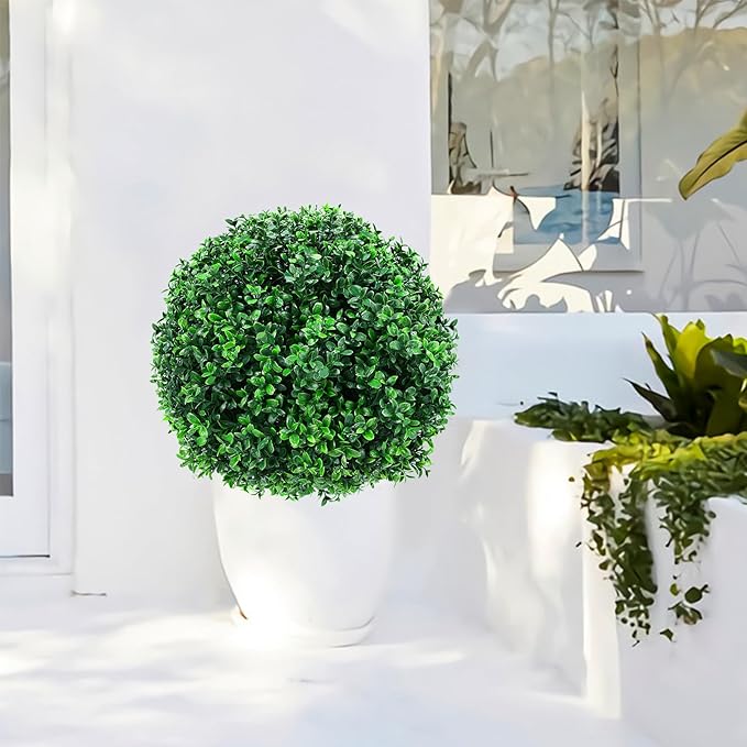 ENVEN Artificial Topiary Ball Tree Outdoor Plants with Ground Spike 22"- UV Resistant Faux Shrubs, Eucalyptus Fake Plants for Indoor & Garden, Yard, Porch, Patio Decor (Green Boxwood)