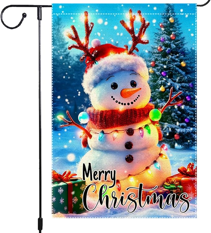 Christmas Snowman Garden Flag 12x18 Inch Double Sided Burlap Outdoor Holiday Yard Decor Cute Winter Lawn Banner with Lights Santa Hat Tree Gifts for Porch Patio Front Door