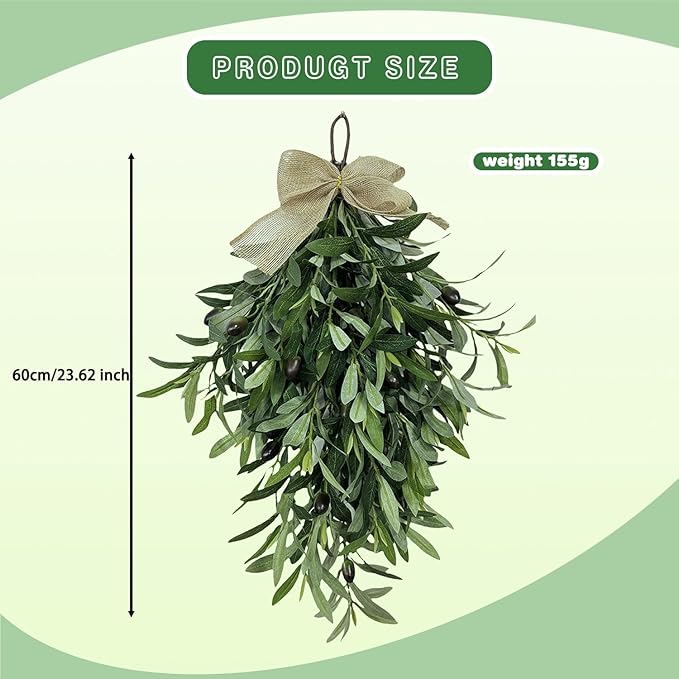 24 Inch Artificial Teardrop Swag Olive Wreath Pendant, Front Door Wedding Arch Window Wall Decoration, Wall Mounted Green Swag Wreath Home Porch Farmhouse Holiday Decoration(2pcs)