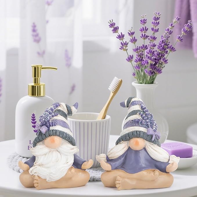 Hodao 2PCS Zen Lavender Meditation Gnomes Figurines Set- Yoga Themed Inspired Home Table & Shelf Decor for Relaxation & Serene Living Spaces Yoga Lavender Decor Retirement Gifts for Women (Grey)