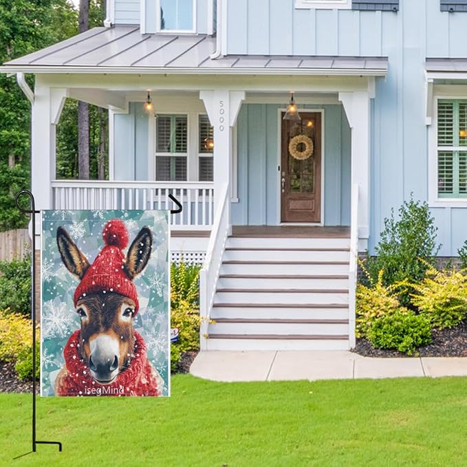 Donkey with Red Scarf and Hat Snowflake Christmas Garden Flag, 28x40 Inch Double Sided Linen Holiday Red Winter Farmhouse Yard Outdoor Decoration (4339)