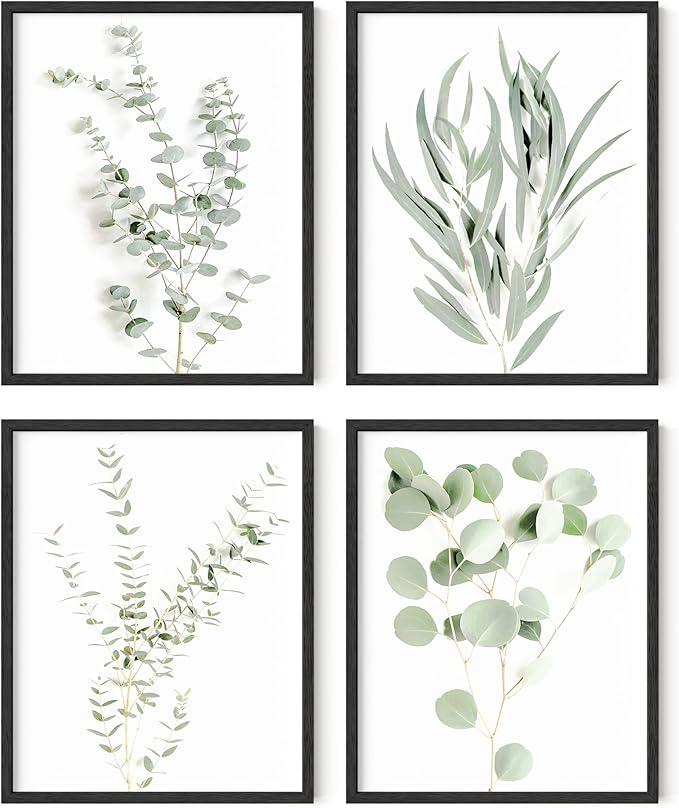 HAUS AND HUES Botanical Plant Wall Art Prints - Set of 4 Plant Wall Decor Prints, Floral Kitchen, Flower Leaves Wall Art, Boho Leaf Eucalyptus Wall Decor, Green Botanical Poster (Black Frame, 16x20)