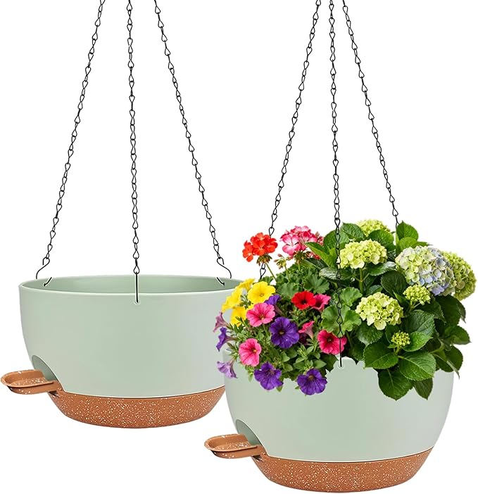 CNLBO 2 Pack Hanging Planters for Indoor Outdoor Plants, 12 Inch Self Watering Hanging Pot with Drainage Holes and Saucer, Plastic Plant Pots, Green Brown Flower Pots for Kitchen, Balcony, Garden