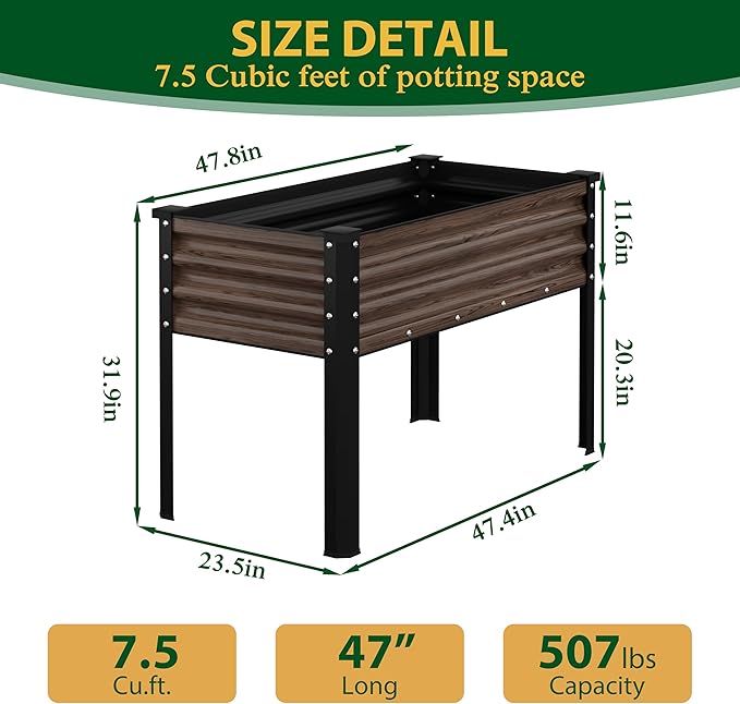 MUPATER 48" L x 24" W x 32" H Galvanized Steel Raised Garden Bed, Large Metal Elevated Raised Planter Box with Legs & Detachable Black Liner for Backyard, Garden, Balcony, Rustic