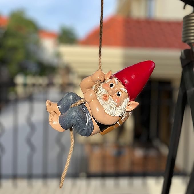 Funny Garden Gnomes Decorations, Archer Bowman Climbing Rope Hanging Gnome, Tree Hugger, Tree Decoration Ornaments, Outdoor Whimsical Gnome Statues – 8.5 inch