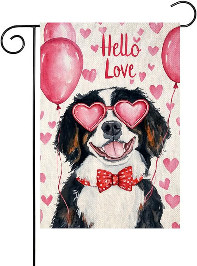 Valentine's Day Bernese Mountain Hello Love Garden Flag, House Yard Plaid Love Heart Outside Decoration, Spring Holiday Wedding Anniversary Outdoor Small Decor 12x18(12620)