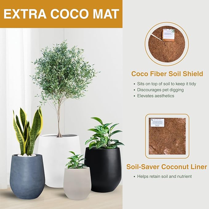 KUTE NEST 16.5" H x 15" D Corso Fiberstone Round Tapered Planter with Drainage Hole, Smooth Finishes, Weather Resistant, Included 2 Extra Coco Mats (Light French Gray, 11.5" Pot Opening)