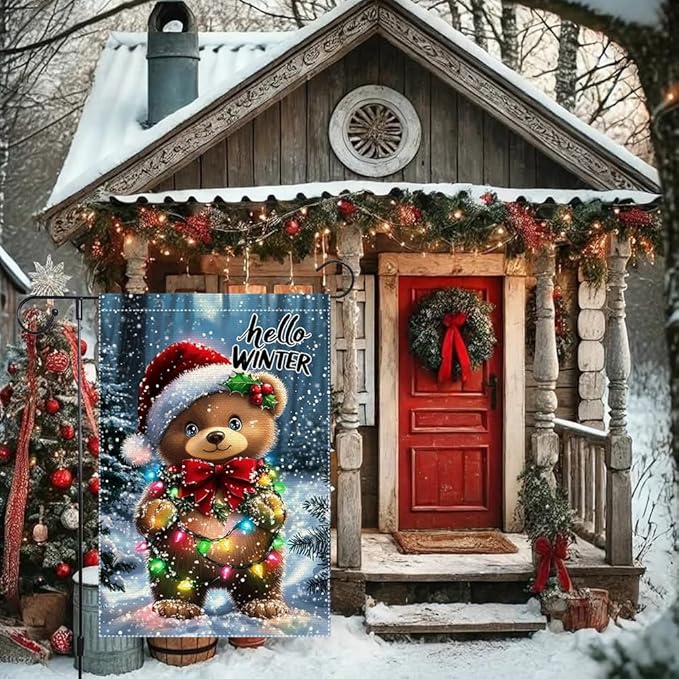 Hello Winter Garden Flag 12x18 Inch Double Sided Burlap Christmas Yard Flag Cute Bear with Lights Holiday Outdoor Small Winter Decorations for Lawn Porch Patio Tree