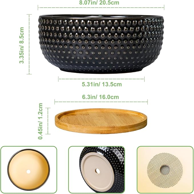 EPFamily Bonsai Tree Pot - 8 Inch Ceramic Succulent Planters with Drainage and Plant Tray, Boho Round Shallow Bowl for Indoor Plants, Office Decor, Housewarming Gift, Black