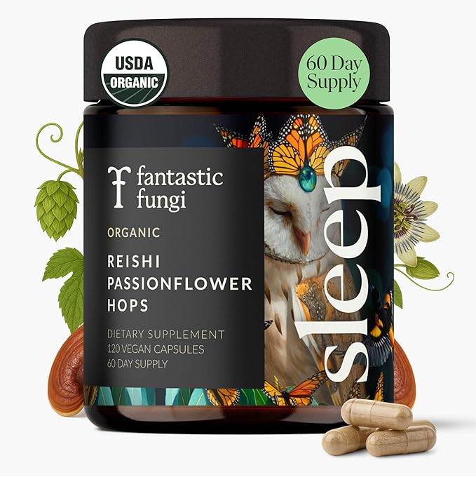 Fantastic Fungi Reishi Mushroom Capsules - Sleep Supplement for Adults with Red Reishi Mushroom Extract, Passionflower & Hops - Adaptogenic, 100% USDA Organic Complex, Vegan, 120 Caps (2-Month Supply)
