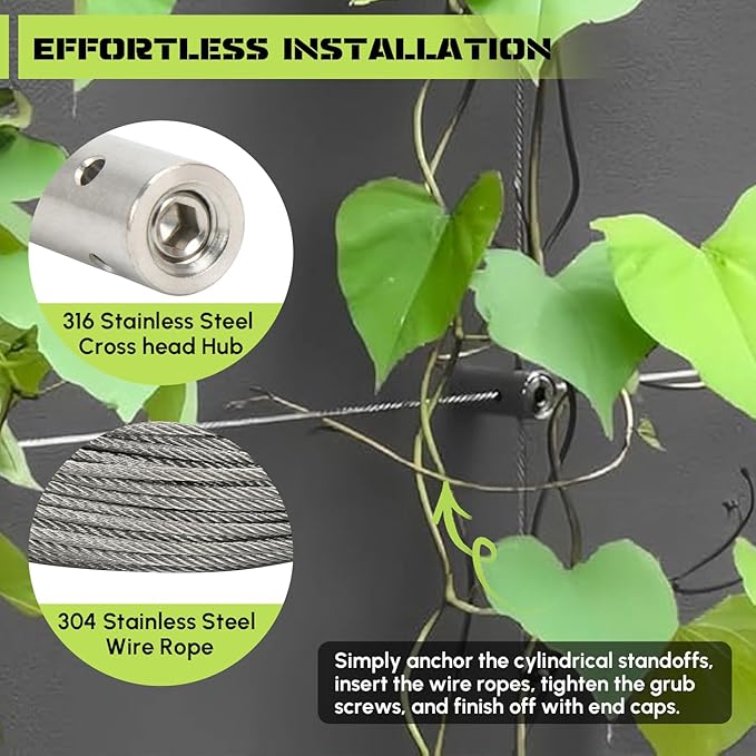 Wire Trellis for Climbing Plants Outdoor, 30-Set Wall Wire Trellis Kit with 1/8" x 150ft Stainless Steel Cable and Cutter, T316 Cylindrical Espalier System for Fence Garden DIY on Concrete Wood Walls