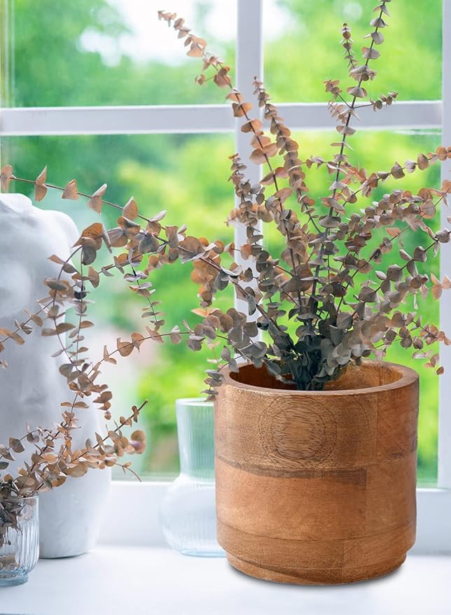 Serene Spaces Living Medium Mango Wood Cachepot – Natural Wooden Pot for Faux Flowers & Indoor Plants – Decorative Plant Holder for Home, Office, and Restaurant Decor – 6.5" Diameter & 6" Tall