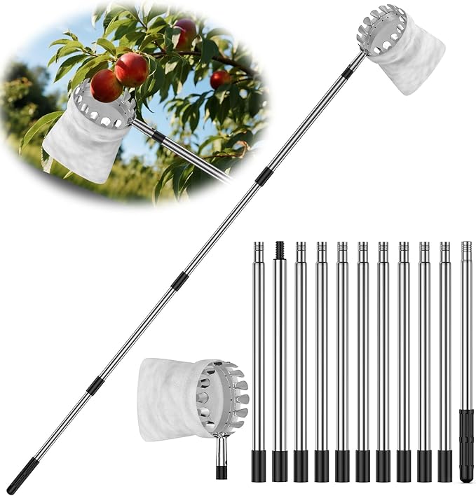 BURMONG 13.8 FT Fruit Picker Tool with Stainless Steel Pole & Soft Basket – Adjustable Tree Fruit Harvester for Apple, Mango, Avocado, Orange, Pear, Lemon & More – Lightweight & Rust-Resistant