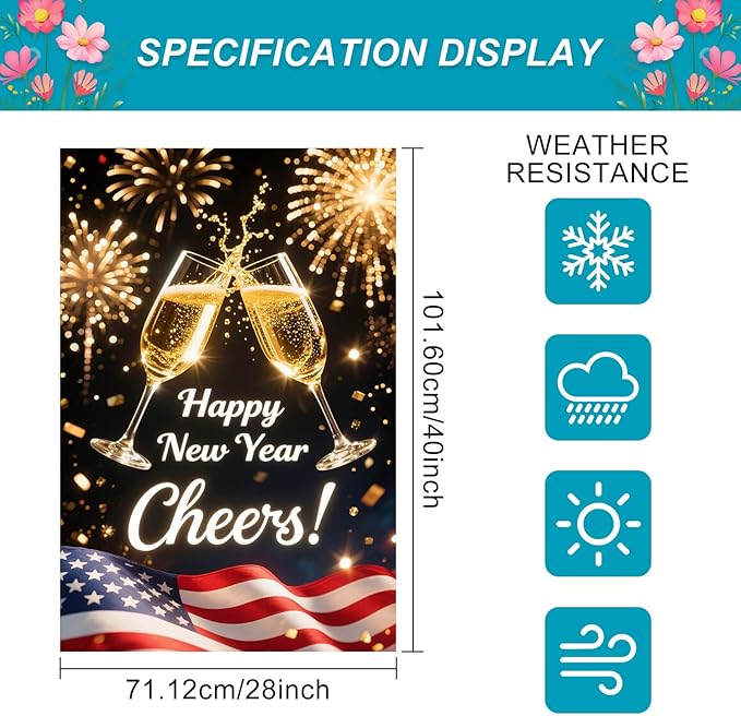 Happy New Year House Flag 28x40 Inch Double Sided Garden Flag Cheers Champagne Glasses and American Flag Design Winter Holiday Yard Banner Large Outdoor Flag for Porch Lawn Home Decoration