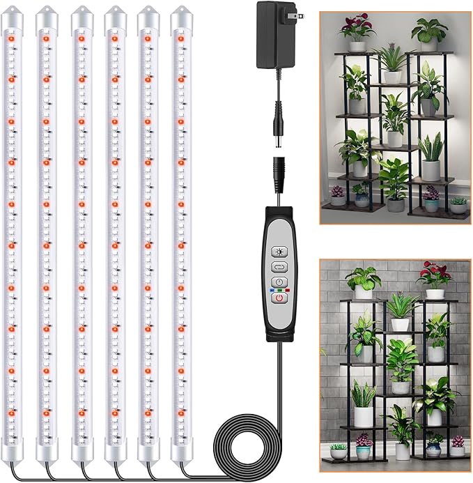 16'' 6 Bars Grow Light Strips for Indoor Plants with Auto ON/Off Timer 6/12/18H, 5 Dimmable Levels for Shelves Plant Growing(Pack 1)