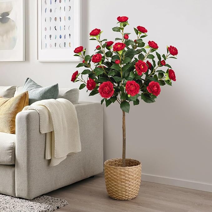 4ft Artificial Camellia Tree Fake Camellia Plant with Red Flowers Faux Floral Plant Blooming Tree in Black Pot for Indoor Outdoor Office Home Front Door Porch Decor (2 Pack - Red)
