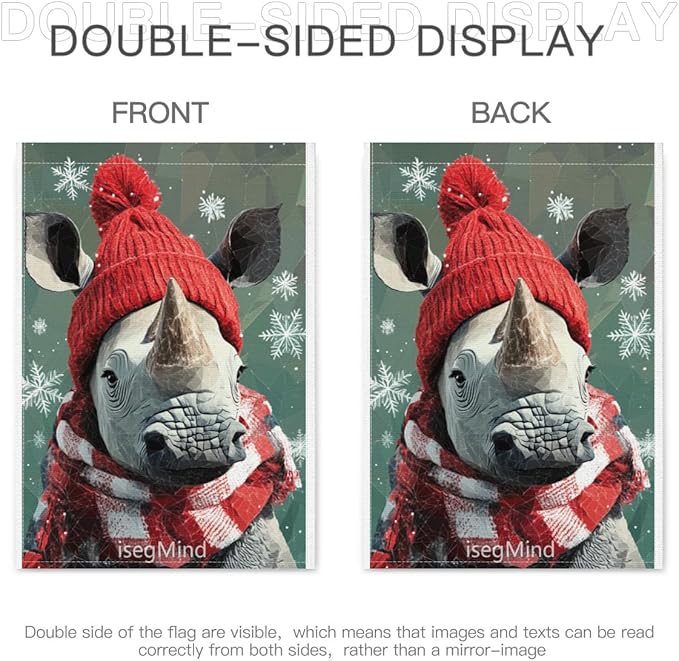 Rhino with Red Scarf and Hat Snowflake Christmas Garden Flag, 28x40 Inch Double Sided Linen Holiday Red Winter Farmhouse Yard Outdoor Decoration (4338)