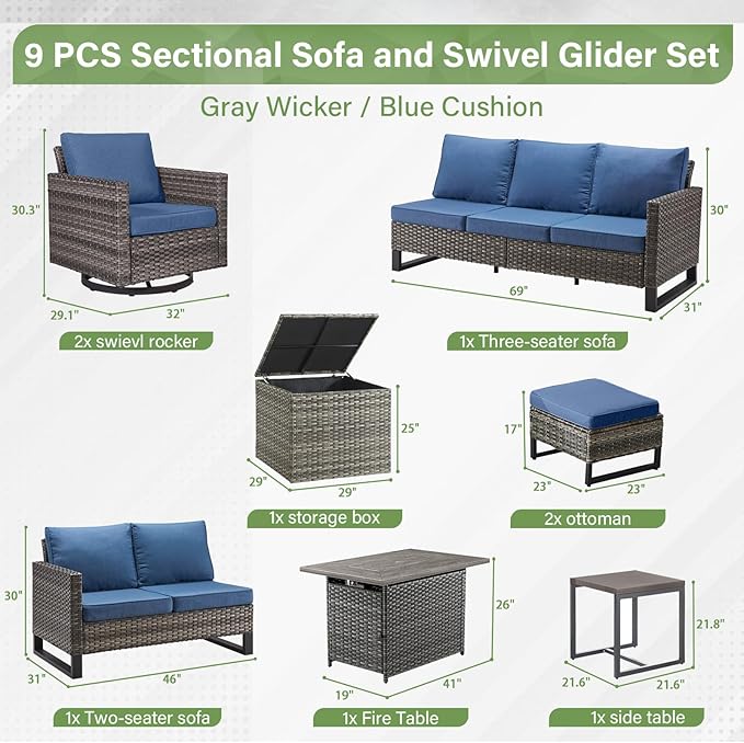 Belord Outdoor Sectional Sofa with 41" Propane Fire Pit Table - 9 Piece Patio Conversation Set with Storage Box and Swivel Rocker Chairs All-Weather PE Wicker Furniture Set Gray