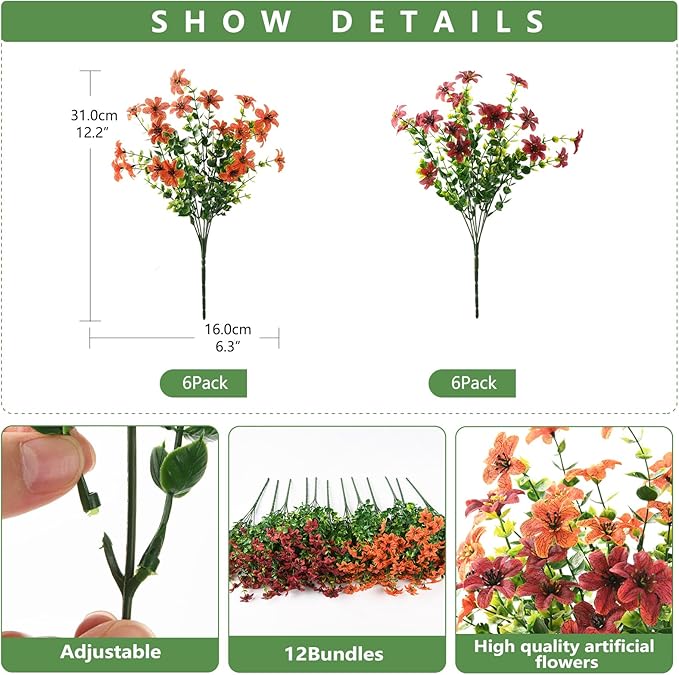 Homsunny Artificial Flowers for Outdoors Fake Plants Spring Home Decoration, 12 Bundles Realistic Faux Flower Daisy with Eucalyptus Stem UV Resistant for Patio Planter Porch Yard(Orange Brown)