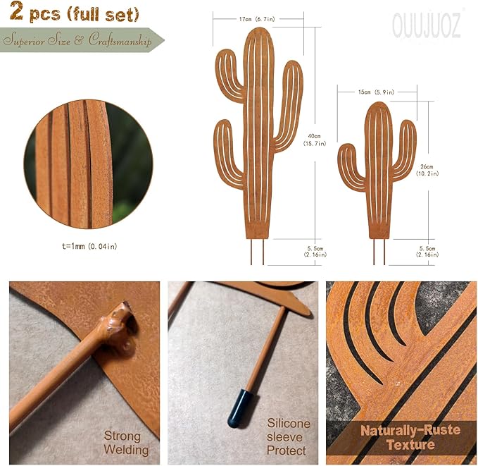 2pcs Metal Cactus Outdoor Decor,Metal Plants Prickly Pear Cactus,Desert Steel Yard Art, Garden Decor、Lawn Decoration