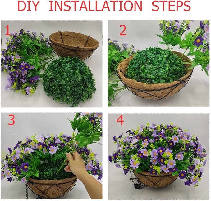 Lamsze Artificial Hanging Flowers with Basket,Fake Daisy Flowers in 12 inch Coconut Lining Hanging Baskets for The Decoration of Courtyard, Indoors, and Outdoors(Purple)