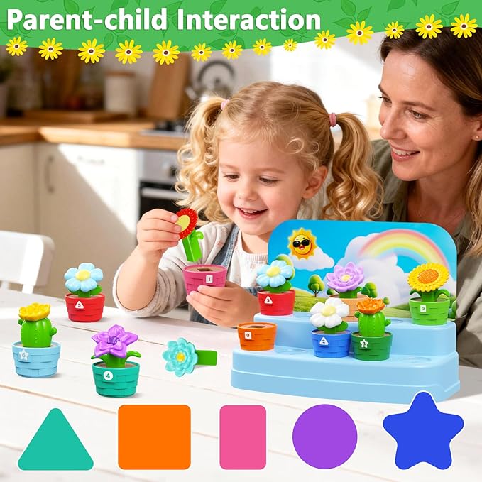Montessori Toys Flower Garden Toy Set with Watering Can, Shovel, Rake, Color & Shape Sorter Toy, Educational Activity Preschool Learning Toys, Gift for Baby Toddler Girls 1 2 3 4 Year Old 10 PCS