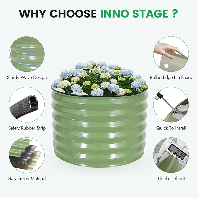 INNO STAG 3 Pcs Round Galvanized Raised Garden Bed — 2×2×1.4ft Planter Box Outdoor Raised Beds Kit for Gardening Vegetables, Fruits, Herbs, and Flowers, Olive Green
