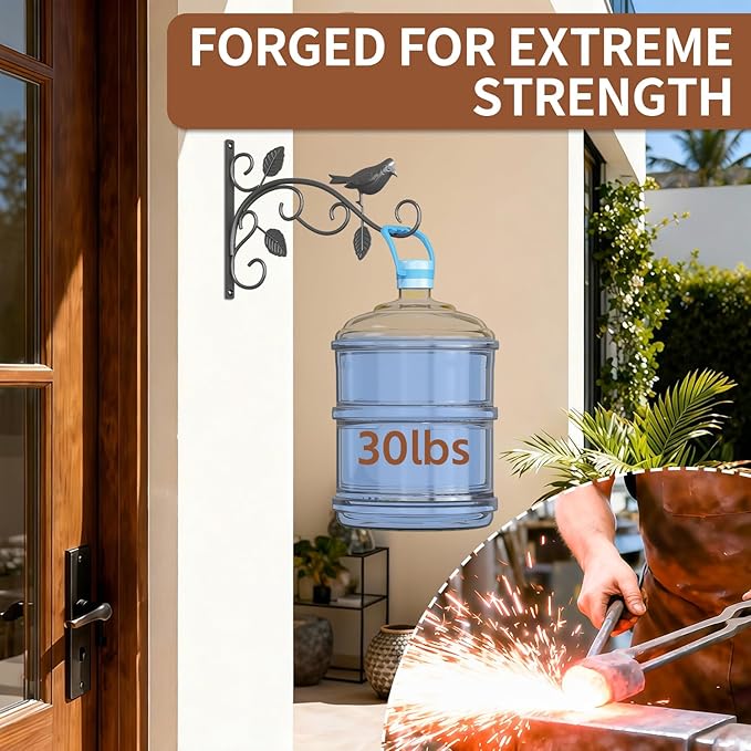 LASZOLA 2 Pack 12 Inch Hanging Plant Brackets, Heavy Duty Iron Wall Hooks with Decorative Bird and Leaf, Rust Proof Metal Outdoor Fence Hangers for Bird Feeders, Planters, Wind Chimes, Lanterns, Black
