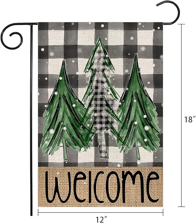 Welcome Christmas Trees Winter Garden Flag 12 x 18 Inch Vertical Double Sided Buffalo Plaid Holiday Yard Outside Xmas Décor
