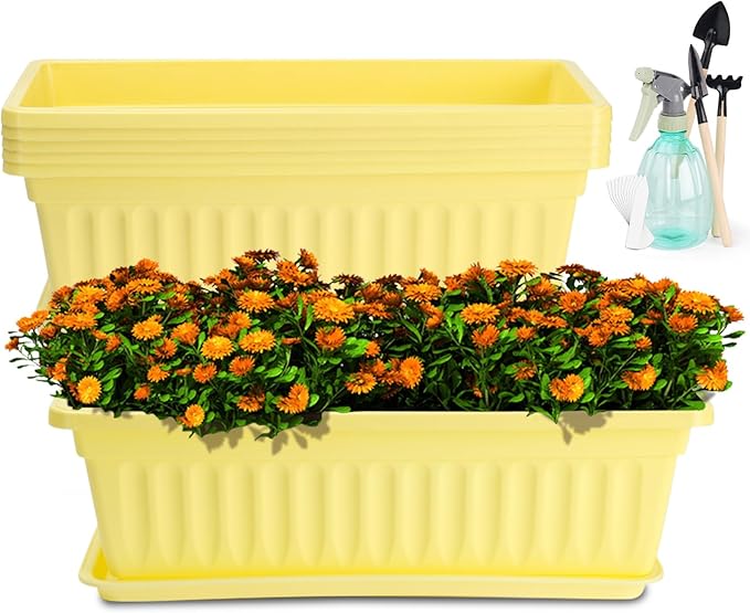HOXHA 6 Pack Window Box Planter, 17 Inches Vegetable Flower Plastic Planter Boxes with Tray, Rectangular Planter Indoor and Outdoor Flower Pots for Windowsill, Patio, Porch, Garden Balcony, Yellow