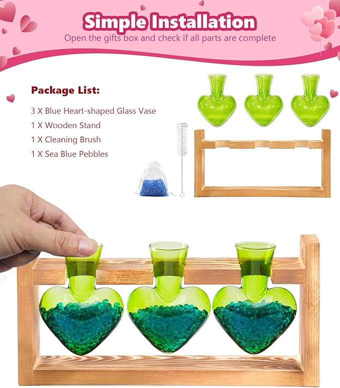 Nacome Plant Terrarium Propagation Stations: Valentines Day Gifts for Her Plant Lovers Women Mom Wife Daughter - 3 Bulb Glass Vase with Wooden Stand Tabletop for Hydroponics Indoor Home Decor(Green)