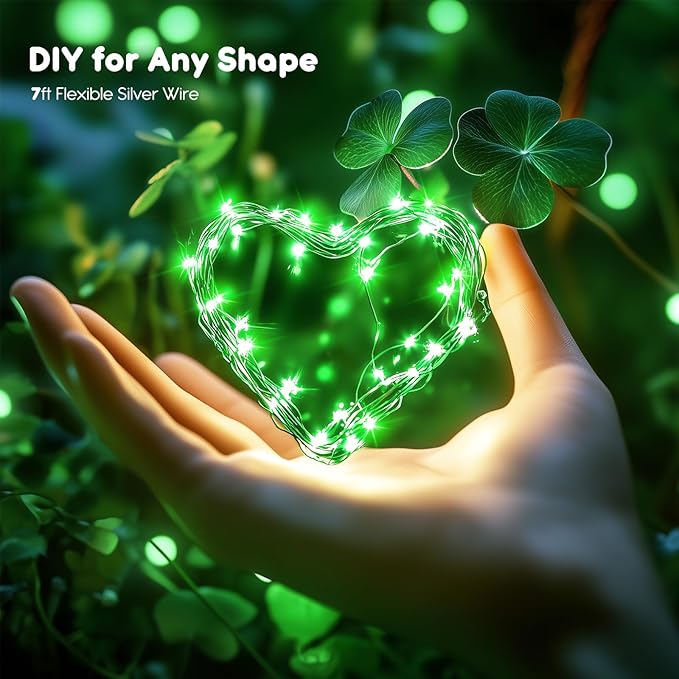 Minetom 6 Pack Fairy Lights Battery Operated String Lights - 7ft 20 LED Waterproof Silver Wire Firefly Lights for St Patrick's Day Decor DIY Crafts Wedding Table Centerpieces, Green