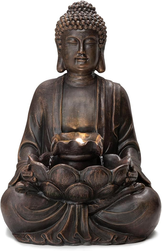 Glitzhome Buddha Fountain with Pump & LED Light, 2 Tier Zen Style Meditating Buddha Water Fountain Outdoor Fountains and Waterfalls Outdoor Buddha Statues for Garden Patio Backyard 28.25" H