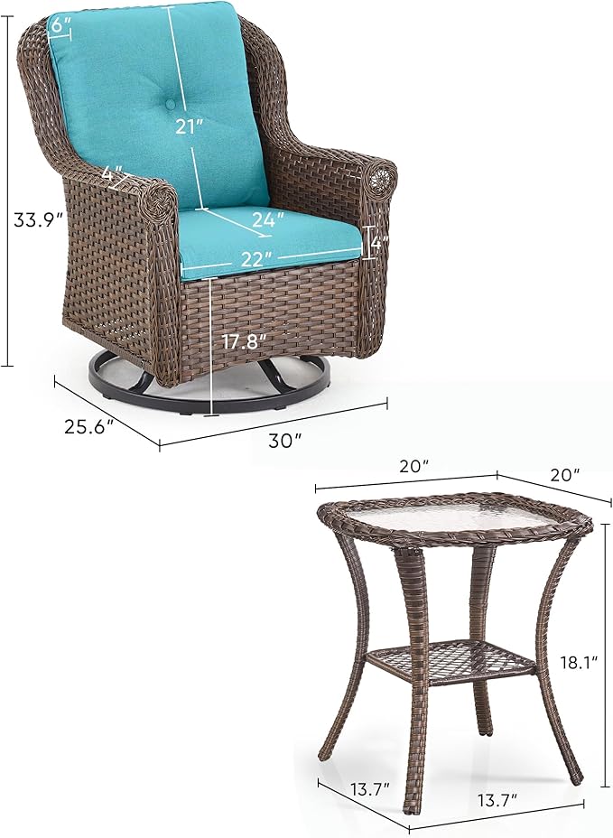 3 Piece Patio Swivel Chairs and Side Table Set - High Back Outdoor Brown Wicker Rattan Rocking Glider with Thick Cushions for Porch Apartment Deck Yard Poolside Garden - Turquoise