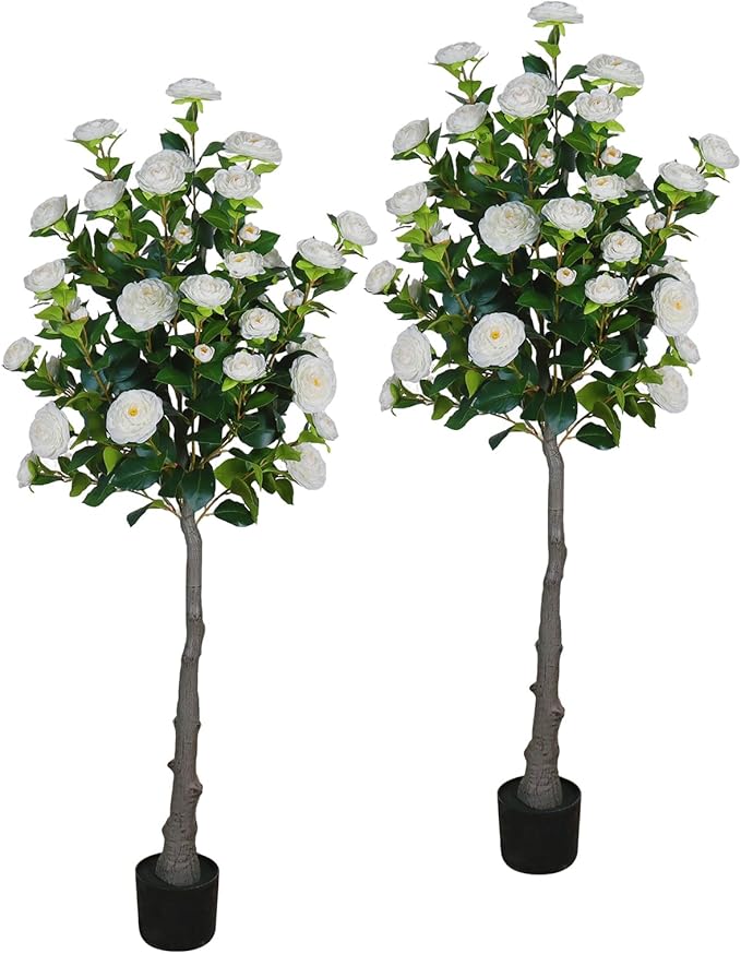 4.9 Ft Artificial Camellia Tree, 40 Flowers, White Faux Potted Plant, Indoor Outdoor Decor for Home, Office, Porch, Patio, Pack of 2