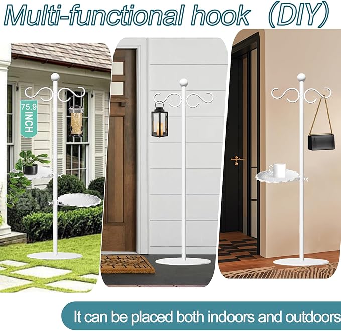 Upgraded 74" Shepherd's Hook for Bird Feeder，White Floor Hanging Plant，White Wind Chime Stand, Waterproof Metal & Adjustable-Height Standing Pole Holder for Wreath, Indoor & Outdoor（2 Placement Racks)