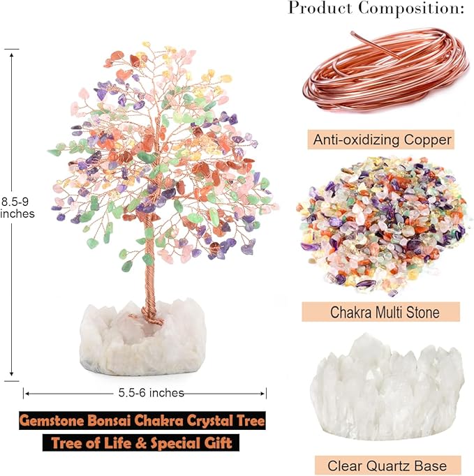 MASGEMES Chakra Crystal Tree of Life Natural Gemstone Healing Crysals(406 Stone Count) with Clear Quartz Base,Fengshui Decor Money Tree,Positive Energy Lucky Gift Height 8.5-9 Inches