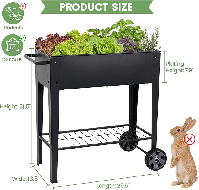 Elevated Raised Garden Bed with Legs- Galvanized Raised Beds for Gardening on Wheels, Anti-Rust Steel Planter Box with Storage Rack& Drain Hole for Backyard Patio Balcony (Black)