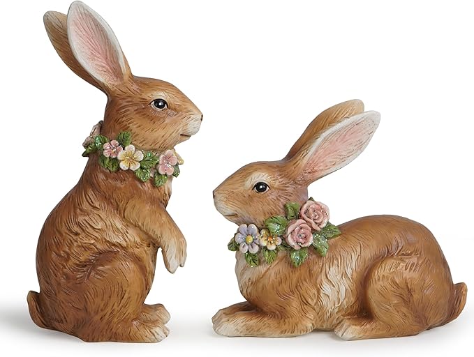 Hodao Spring Garden Patio Bunny Figurine Set (2pcs) The Perfect Accent for a Wonderful Garden-Easter Bunny Figurine Decor Indoor Home Decorations (Brown)