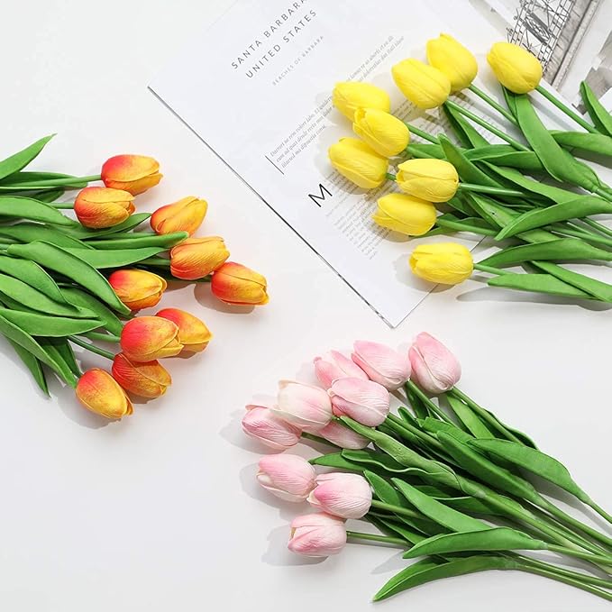 Kisflower 30Pcs Latex Tulips Real Touch Yellow Artificial Flowers Fake Tulips Arrangement Bouquet for Home Office Wedding Decor (Yellow)