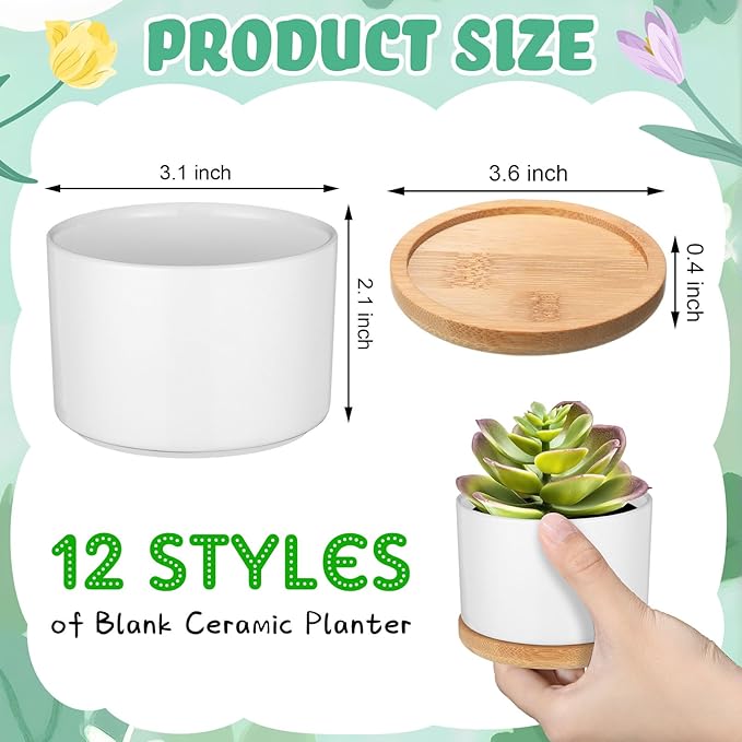 SiliFine 12 Sets DIY Ceramic Succulent Pots Painted Ceramic Flower Pots with Drainage Holes, Paints, Brushes, Palettes, Trays for DIY Event Adults Craft Birthday Gifts